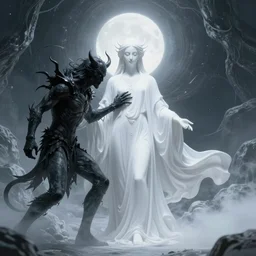 there stands a benevolent celestial being in the midst of a horizontal scene. evil and badness attack the celestial being from one side, but from his other side emerges light and life. the celestial being is a conduit. light and life emanate from the celestial being. | detailed mural