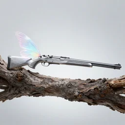 concept art of an elegant fae rifle, weapon, firearm, displayed elegantly, wide angle, natural, bark, butterfly wings, ethereal, zoomed out