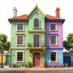 A colorful building in the style of Tim Burton, digital Art