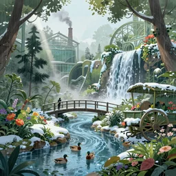 botanical garden, ornate, beautiful, atmosphere, vibe, mist, smoke, chimney, rain, well, wet, pristine, puddles, waterfall, melting, dripping, snow, ducks, creek, lush, ice, bridge, cart, forest, flowers, concept art illustration, color page, 4 k, tone mapping, akihiko yoshida, james jean, andrei riabovitchev, marc simonetti, yoshitaka amano, digital illustration, greg rutowski, volumetric lighting, sunbeams, particles, trending on artstation