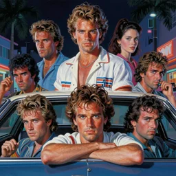 a painting of eighties miami vice, night, car, ultra realistic, highly detailed faces, true life, 8 k, masterpiece, cinematic, by frank frazetta, greg rutkowski, yoko taro, christian macnevin, beeple, wlop, krenz cushart, epic character art, volumetric lighting