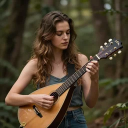 a photo of a young woman playing mandolin in the wilderness