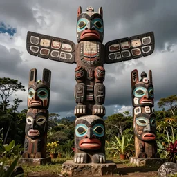 a totem representing amazonian shamanic tradition, tribal masks, totem, hyper detailed, art by christophe vacher
