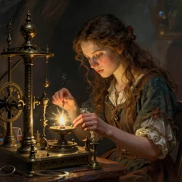 a portrait of a tinkerer working on ancient machines to do magic