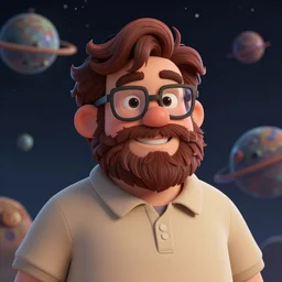 cell shaded, illustrated by don bluth, pleasant, happy, husky, nerdy man character portrait, on an alien planet, wearing polo shirt, earth tones, dark auburn wavy hair, full beard, glasses without frames, freckles, highly detailed, dynamic shadows, 4 k, wallpaper - 1 0 2 4