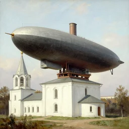a large dieselpunk airship standing over a white church in russia in 1 9 1 0, by winslow homer