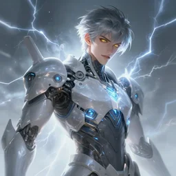 portrait of handsome guy in cyber armor, dreamy and ethereal, expressive pose, gold eyes, exciting expression, fantasy, intricate, elegant, many lightning, cold color, highly detailed, digital painting, artstation, concept art, cyberpunk wearing, smooth, sharp focus, led, illustration.