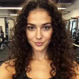 face close - up small chin mona lisa face mixed with female influencer face in gym instagram selfie photo staring at camera with curly hair in gym photo by annie leibovitz # gym # photography # beauty