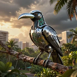 robotic scifi tropical bird with chrome beak and metal wings perched on a tree branch, lush city park, golden hour, intense storm clouds, city background, electronics circuit board and wires, panels and rivets, grunge and dirt, sharp details, octane render, artstation