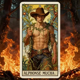a dramatic ethereal epic symmetrical painting of a handsome cowboy holding a plant | he is shirtless and draped in vines| background is a forest fire conflagration flames | tarot card, art deco, art nouveau,  (steampunk), homoerotic, realistic | by Dresden Codak, by Mark Maggiori and ((((Alphonse Mucha))) | trending on artstation
