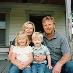 close up portrait of white redneck family sitting on front porch of dilapidated house, kodak gold 2 0 0,