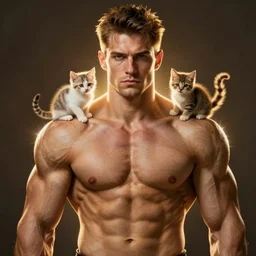 muscular man with kittens growing out of his muscles, artstation, color studio portrait, golden ratio, backlit, detailed eyes,