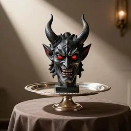 The head of a demon served on a silver platter at a fancy restaurant