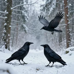 realistic scene of frozen forest and ravens, 8k, ultra realistic