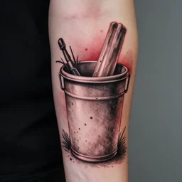 photorealistic trash polka tattoo with suprametism, fine drawing red and black thin strokes