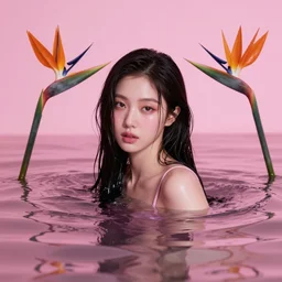 lee jin - eun emerging from pink water in cyberpunk theme with bird of paradise flowers by conrad roset, rule of thirds, seductive look, beautiful