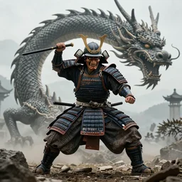 a godlike and indomitable helmeted and masked samurai killing an enormous dragon. Giant dragon coming up in background. Badass pose. Photo realistic. Gregory Crewdson. Award winning. Masterpiece, exquisite detail, post processing