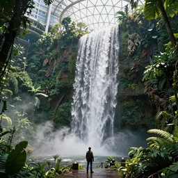 movie still frame, a waterfall inside a luxurious futuristic city dome in a lush jungle, beautiful composition, sunny, steam, 8 k, cgi, by ridley scott, james cameron, zack snyder and michael bay