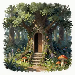 digital painting detailed forest tree with  door and stairs, magical forest flowers mushrooms painted by jeremiah ketner