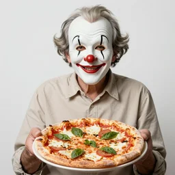portrait photo of pale wrinkled man, with pulcinella mask, holding a pizza margherita, studio photography, backlit, full body, sharp focus, clear eyes, photo by steve mccurry, commedia dell'arte