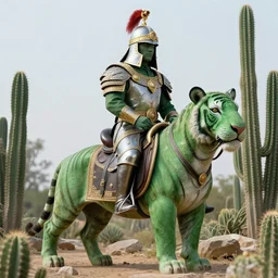 a large cactuar - green tiger wearing a royal battle saddle and helm, photo realistic, 4 k