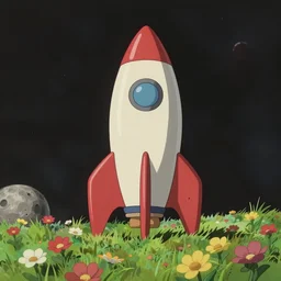 a wholesome animation key shot rocket ship in a field on the moon by studio ghibli, animation, sharp, rendered in unreal engine 5, focused, anime key art by greg rutkowski, bloom, dramatic lighting