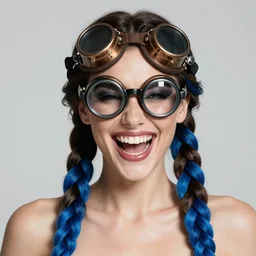 double very long braids blue, bronze steampunk welding goggles black glasses, clear makeup, tane skin, evil crazy laugh, audrey tautou, portrait gapmoe yandere grimdark, trending on pixiv fanbox, painted by greg rutkowski makoto shinkai takashi takeuchi studio ghibli, akihiko yoshida