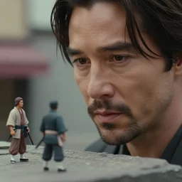 beautiful hyperrealism three point perspective film still of keanu reeves as samurai scene in kagemusha ( 1 9 6 0 ) extreme closeup portrait in style of 1 9 9 0 s frontiers in miniature street photography matte painting seinen manga fashion edition, miniature model, focus on face, eye contact, tilt shift style scene background, soft lighting, kodak portra 4 0 0, macro, cinematic style by emmanuel lubezki