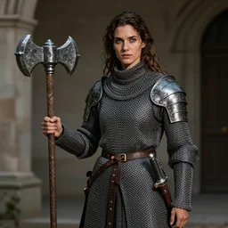 A strong, tall, muscular, young female medieval knight, wearing chainmail, holding a heavy iron spiked mace, photography