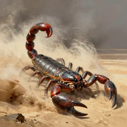 a tank shaped like a scorpion driving through a sandstorm, frank frazetta