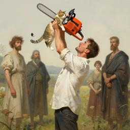 picture of a man with a white shirt and a red chainsaw for a head lifting up a cat with both arms, full body, highly detailed, digital painting, artstation, sharp focus, illustration, art by artgerm and irakli nadar and greg rutkowski and alphonse mucha - - cfg _ scale 9. 5 - n 9