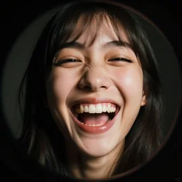fish eye of a laughing person, close photo, dark lighting