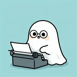 simple illustration of an adorable and friendly ghost sitting at a typewriter, wearing glasses