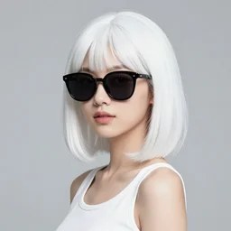 portrait photo of a lovely young girl with white shoulder length short hair wearing a sunglasses, studio lighting