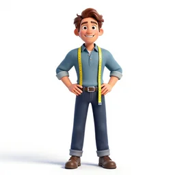 cheerful tailor with measuring tape, detailed 3d character render, full body, standing, isolated on a pure white background, centered, whole figure in frame, sharp focus, studio lighting