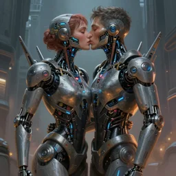 ultra realistic medium shot of a couple of cyborgs kissing, lovers, cyberpunk, sci - fi, fantasy, kodak, photorealistic illustration, colour led, soft light, volumetric lighting, night, intricate, highly detailed, digital painting, concept art, smooth, sharp focus, illustration, art by artgerm and greg rutkowski and alphonse mucha