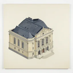 old theater building in europe, isometric, collage sweeping paper and acrylic on canvas minimalism and expressionism movement breathtaking detailed by blake neubert