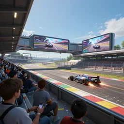 wide angle shot of a futuristic racetrack from the attendee stands with confetti on a sunny day with a clear blue sky and big tv screens in the background showing the car race, sparks around wheels as the car skids to a stop, cyberpunk, profile shot, digital painting, good value control, unreal engine 5, 8 k, fourze, realistic textures, wipeout 2 0 4 8, f - zero