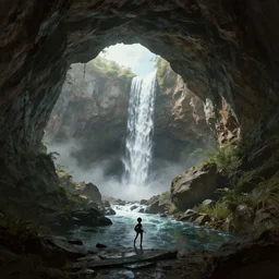 digital art of an entrance to a cave, artstation, tomb raider, waterfall, river, mountain, rocks