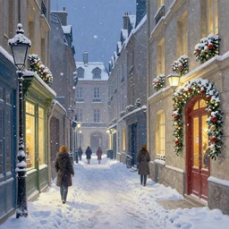 an alley in paris in winter, snowing, christmas night, 1 9 1 0, by thomas kinkade, colorful