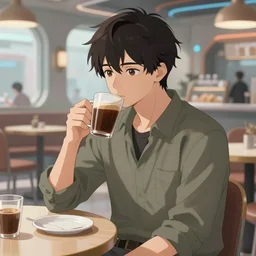 a young man in the anime style having a coffee in a futuristic cafe, Greg rutkowski, Trending artstation