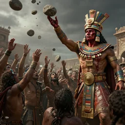 crowd throwing stones at an aztec king with his bloody head, game character concept art, high detail, by craig mullins, peter mohrbacher, unreal engine, octane rendered, 8 k, dark beauty, trending on artstation