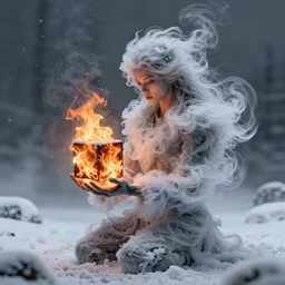 man made of swirling smoke and wind - blown snow, holding a cube of fire, photorealistic, highly detailed, octane render