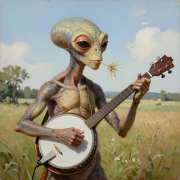 painting of a country alien playing a banjo, straw in his mouth, style of peter mohrbacher, high detail, hyper realistic, 8 k
