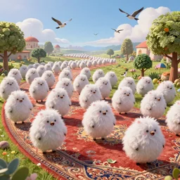 enemy fleet is on a march in magic Fluffy 3d Persian Carpet dimension, everything is carpet and 3d, birds and trees, surreal, Pixar movie panorama, immense detail, epic, striking