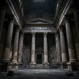 Dark roman temple interior, interior, ruins, by Greg Rutkowski, trending on Artstation, massive scale