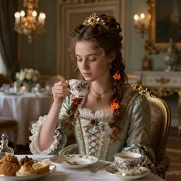Young victorian princess drinking tea on the royal palace dining room. By Arian mark, fractal flame, chiaroscuro,highly detailded