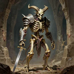A spiked horned semiork-semihuman skeleton with armored joints stands in a large cavernous fortress with a sword in hand. Massive shoulderplates. Extremely high details, realistic, fantasy art, solo, masterpiece, bones, ripped flesh, saturated colors, art by Zdzisław Beksiński, Arthur Rackham, Dariusz Zawadzki