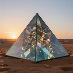 a glass crystal pyramid in the desert in a sunset, highly detailed, fractal, chromatic refraction