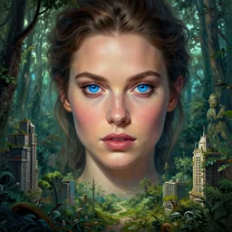 landscape portrait of Alexandra Daddario in the middle of a forest, overgrown city by artgerm, bright blue eyes, fantasy, high detail face, elegant, digital painting, cinematic lighting, vibrant, intricate, textured skin, highly detailed, artstation, sharp, focus, HDR, unreal engine 5, breathtaking, illustration, Anna Dittmann, Ilya Kuvshinov, Krenz Cushart
